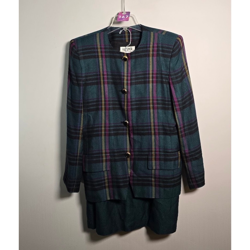 VTG Kasper Women Skirt Suit Plaid Teal Purple Professional Dark Academia 14/16